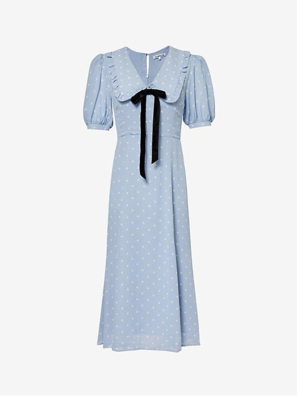 Reformation Blue Puff-Sleeve Polka Dot Midi Dress with Bow